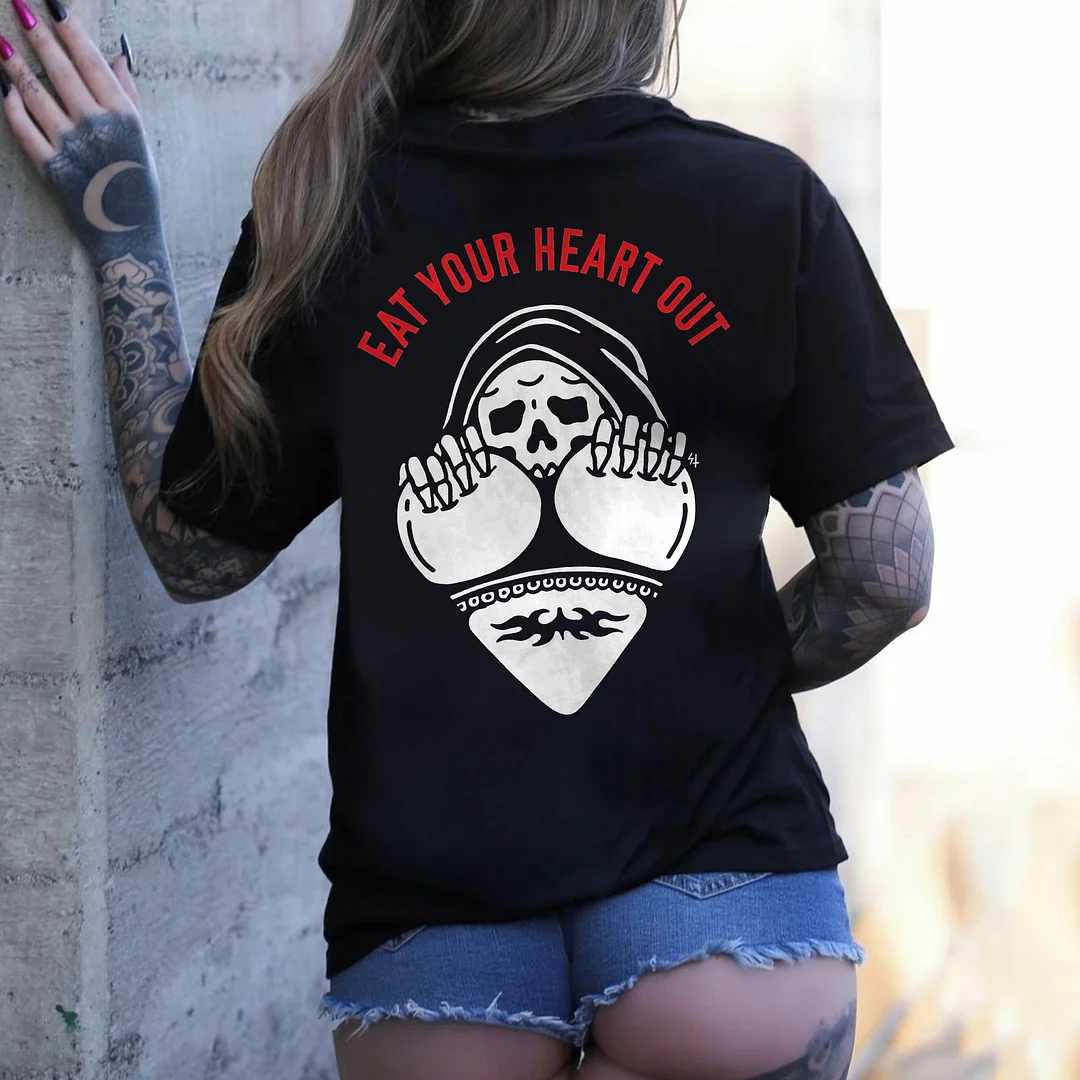 Eat Your Heart Out Skull Printed Women's T-shirt -  
