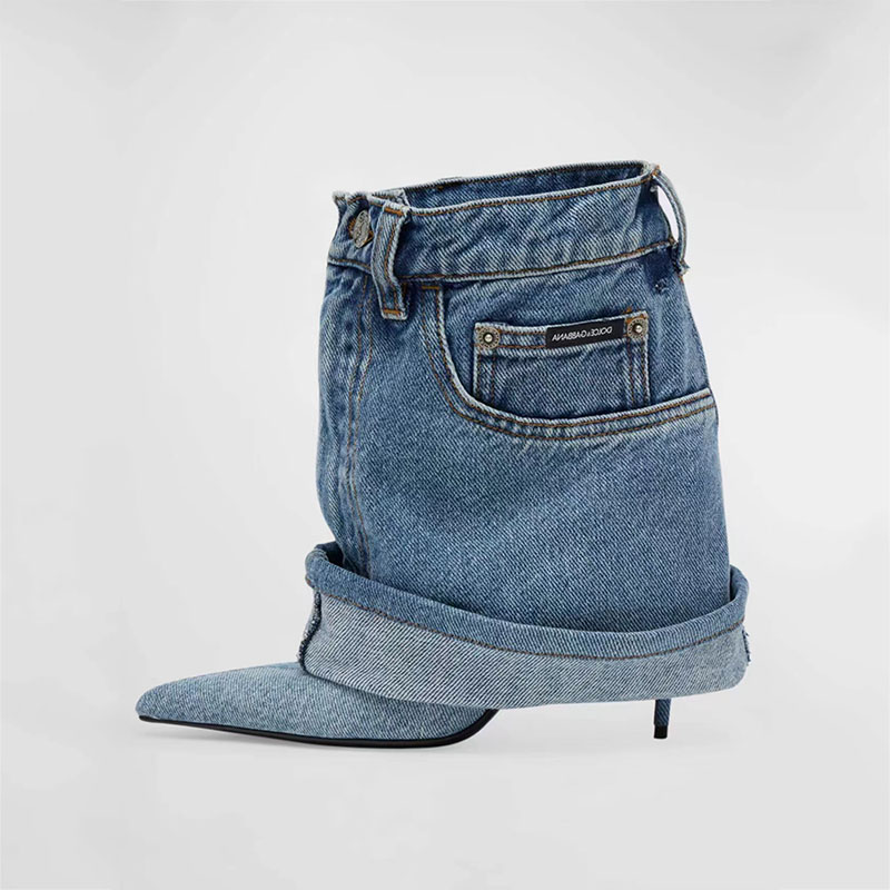 VCSHOES Blue Denim Metal Buckle Thin Heels Short Boots Pointed Toe Turned-over Edge Super High Heel Modern Boots