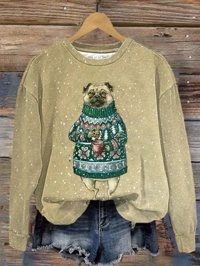 Women's Winter Pug Print Sweatshirt