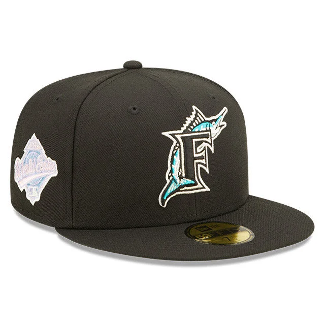 New Era 59Fifty Pop Sweat Miami Marlins 1997 World Series Patch Light Blue UV Hat - Black QueenFunky