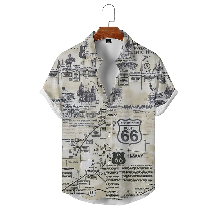 BrosWear 66 Road Map Print Short Sleeve Shirt