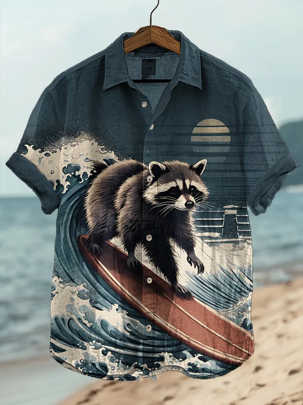 Men's Raccoon Surfing On The Sea Print Short Sleeve Shirt