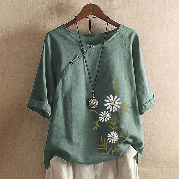 Daisy Flower Printing Buckle Short Sleeve Vintage T shirt P1660209