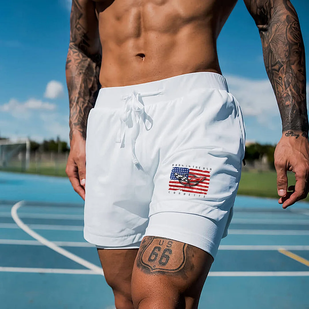 Born In The USA Corvette Print Men's All-In-One Fitness Shorts - Devcarry