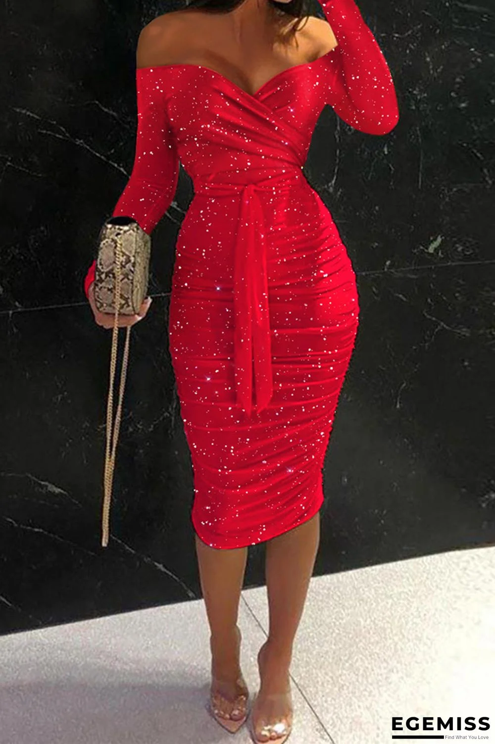 Red Fashion Sexy Print Backless Fold Off the Shoulder Long Sleeve Dresses | EGEMISS