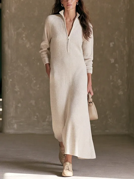 Women's Casual Oatmeal Knit Long-Sleeve Maxi Dress With Zip Collar MD