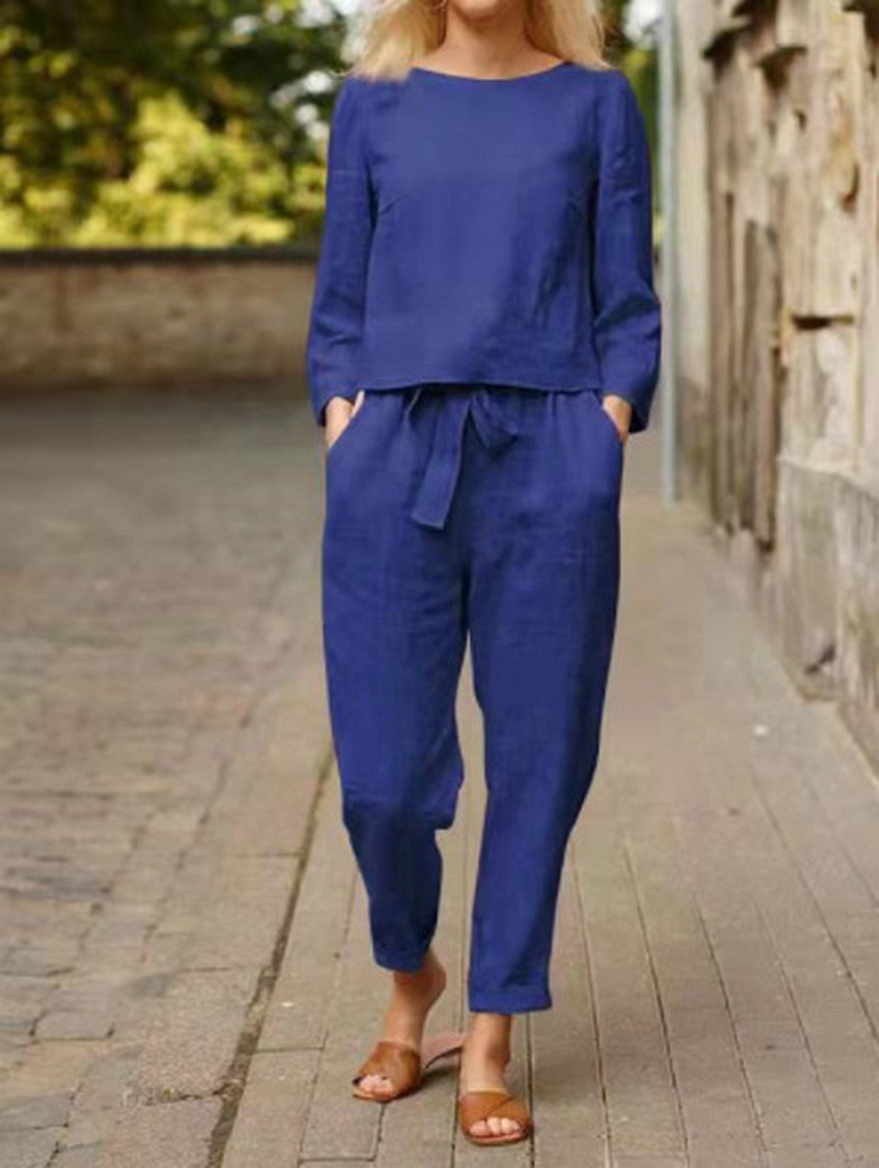 Women's Cotton Linen Long Sleeve Loose Solid Color Elegant Casual Pants Two Pieces Set