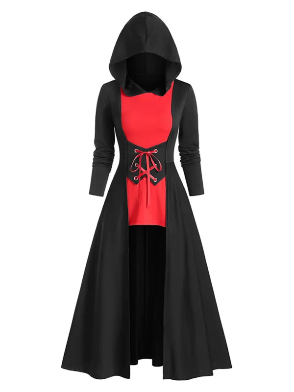 Gothic Dark Long Sleeve Color-block Bandaged Hoodie Swing Dress