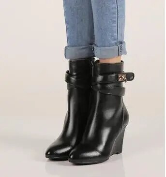 VCSHOES Women Shoes High Heels Solid Wedges Point Toe Women Boots Black Ankle Boots Botas Mujer Pumps Sapatos Femininas