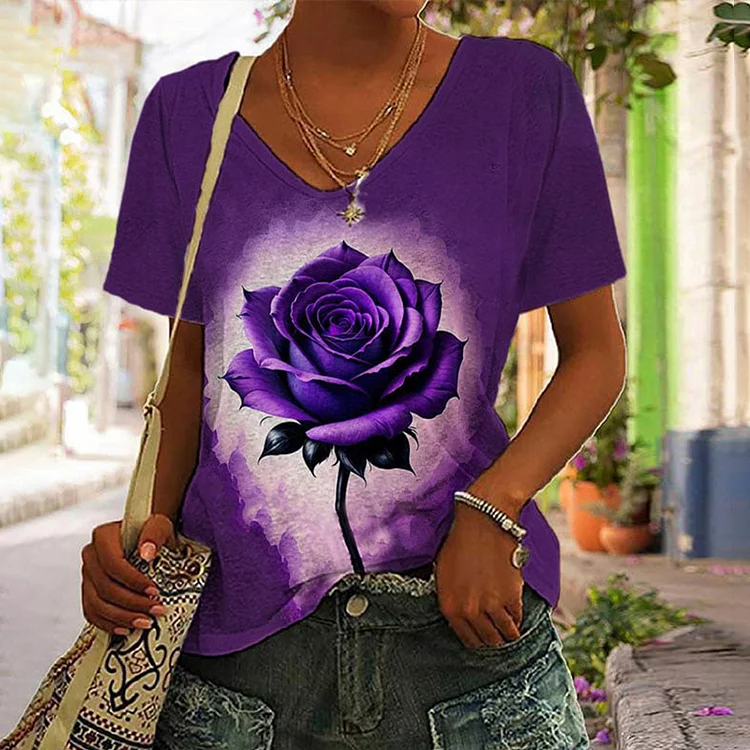 Vintage Flower Print V-Neck Short Sleeved T-Shirt
