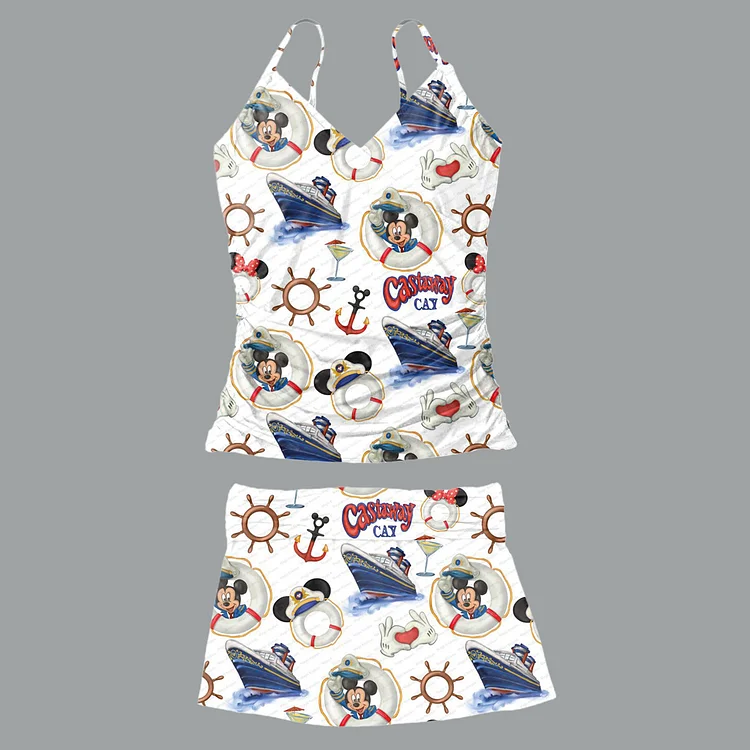 Cartoon Allover Pattern Cami & Skirt Split Swimwear 2Pcs Set [Pre-Order]