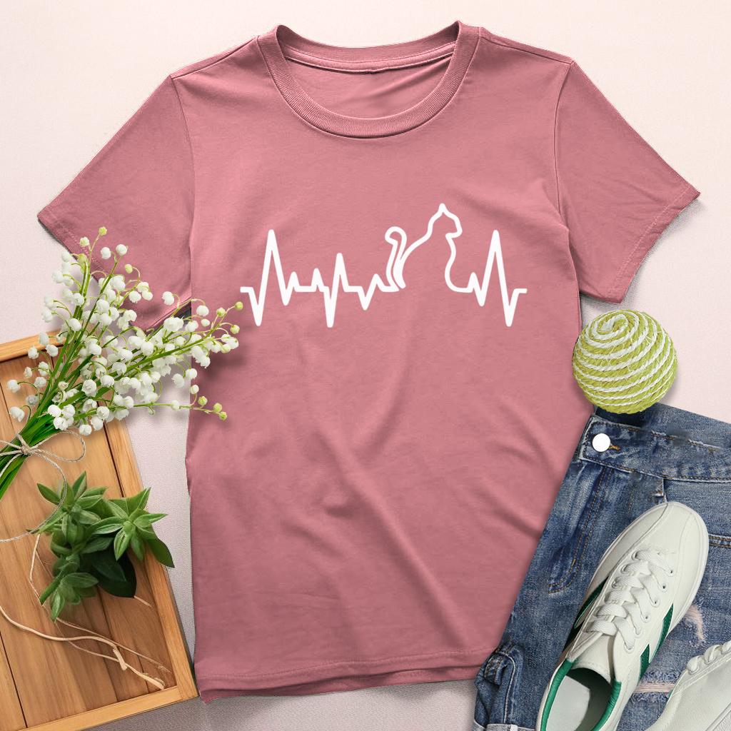 Heart-beating Cat Round Neck T-shirt-0025155-Guru-buzz