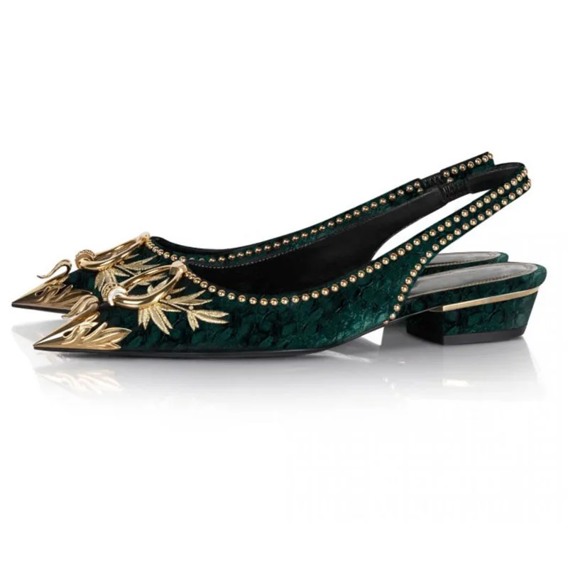 TAAFO Green Velvet Sandals Woman Pointed Toe Gold Metal Flower Decor Flats Lady Party Shoes