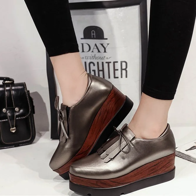 Metallic Platform Wedge Shoes with Fringed Tassel Detail Vdcoo