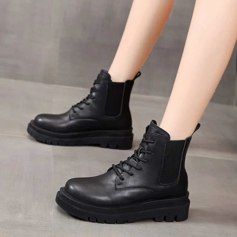 Breakj Platform Chunky Chelsea Boots Women Autumn Winter PU Leather Woman Shoes Lace Up Combat Botas Thick Heels Ankle Booties
