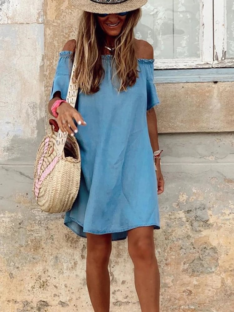 Off Shoulder Ruffle Sleeve Denim Dress P13646