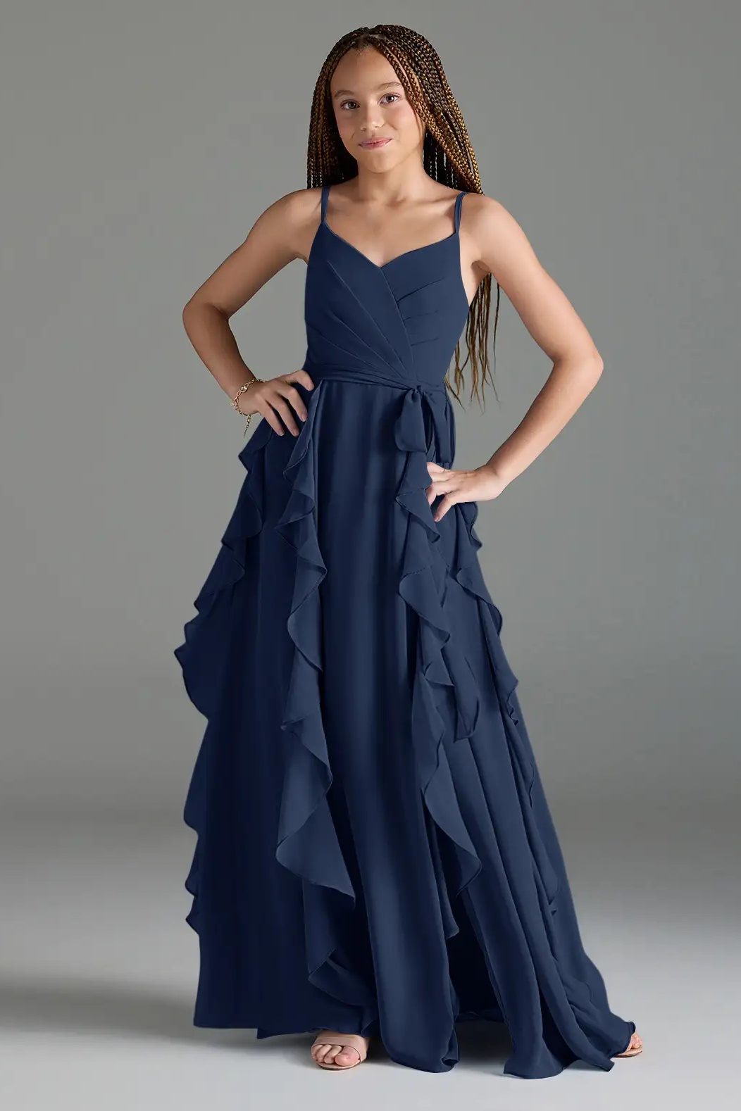 Daisda Spaghetti Straps Sleeveless Pleated A line Ruffles Long Junior Bridesmaid Dress