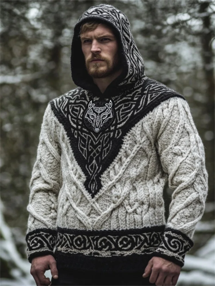 Men's Viking Fenrir Wolf Celtic Contrast Cozy Hooded Sweater
