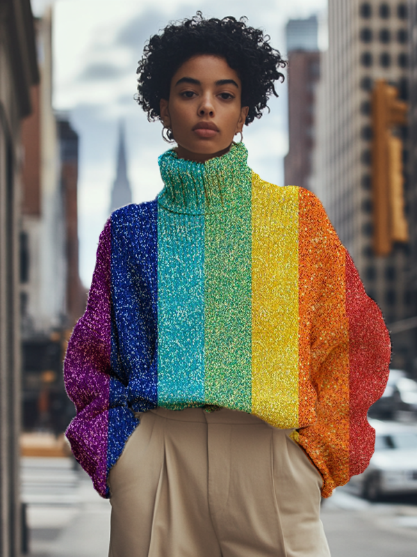 Women's Rainbow Stripes Print High Neck Knit Sweatshirt