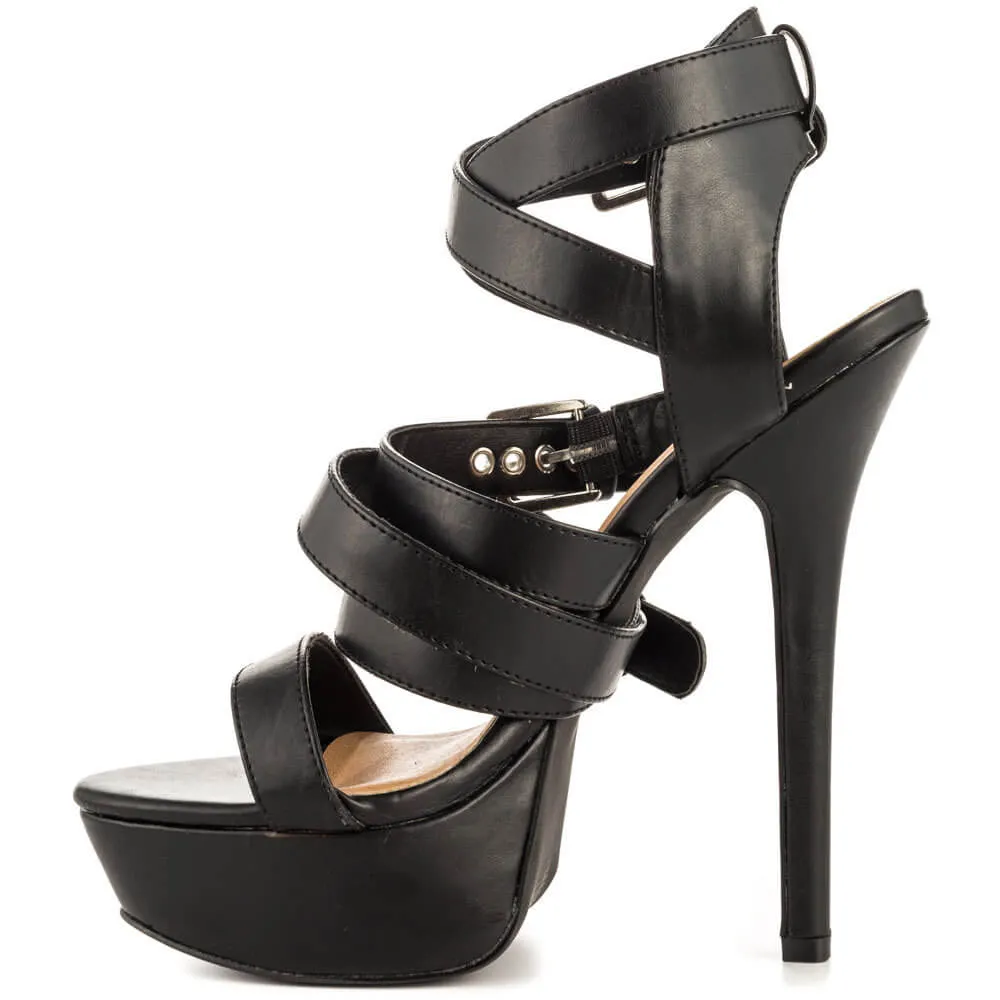 VCSHOES Black PU Platform Cutout High Heel Sandals