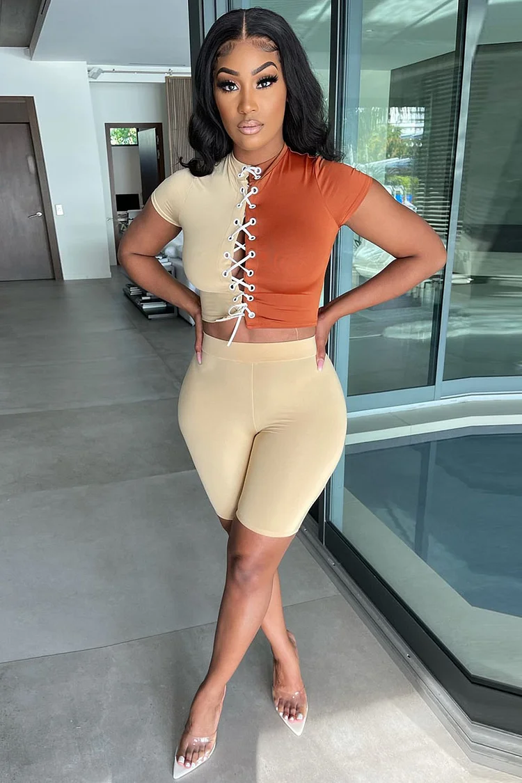 Color Block Lace-Up Crop T-Shirt Shorts Matching Set