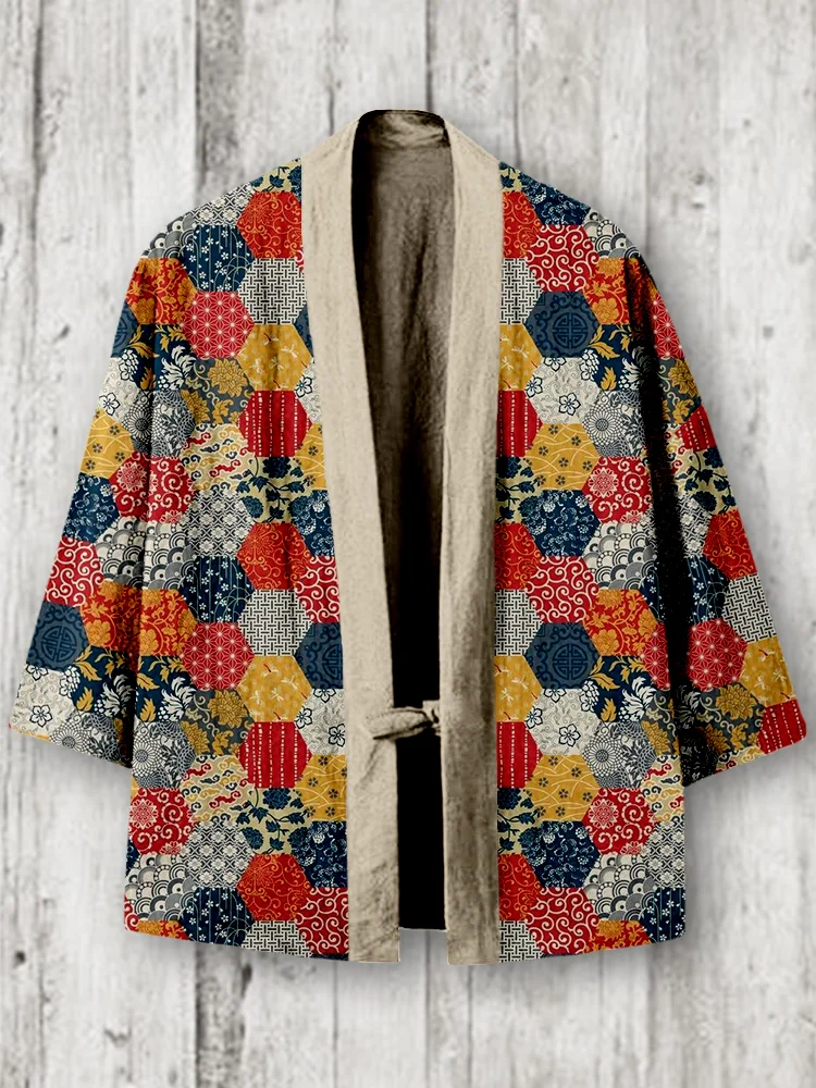 Comstylish Traditional Japanese Patchwork Pattern Linen Blend Kimono Cardigan