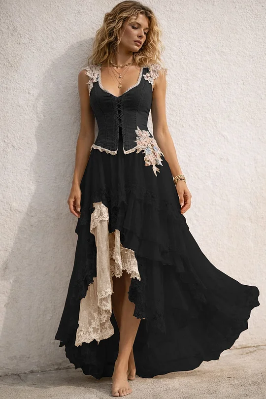 Women's Denim And Lace Layered Maxi Dress With Corset Back And Floral