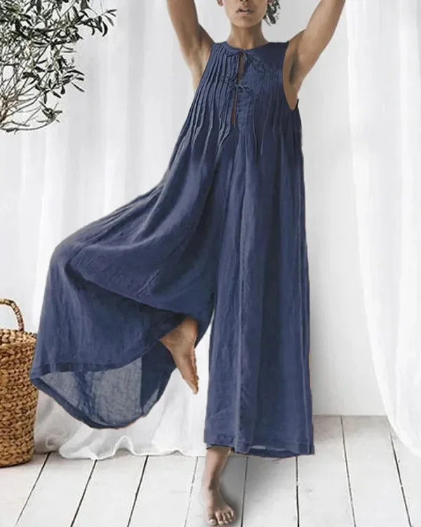 Women's Solid Color Casual Sleeveless Cotton And Linen Jumpsuit