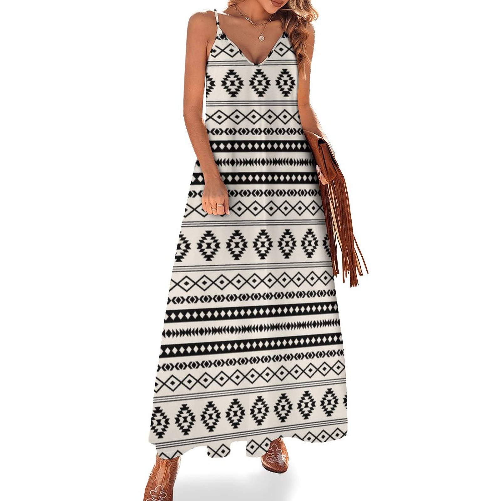aztec black and white dress Black Aztec Printed Pleated Square Neck Dress main image 1
