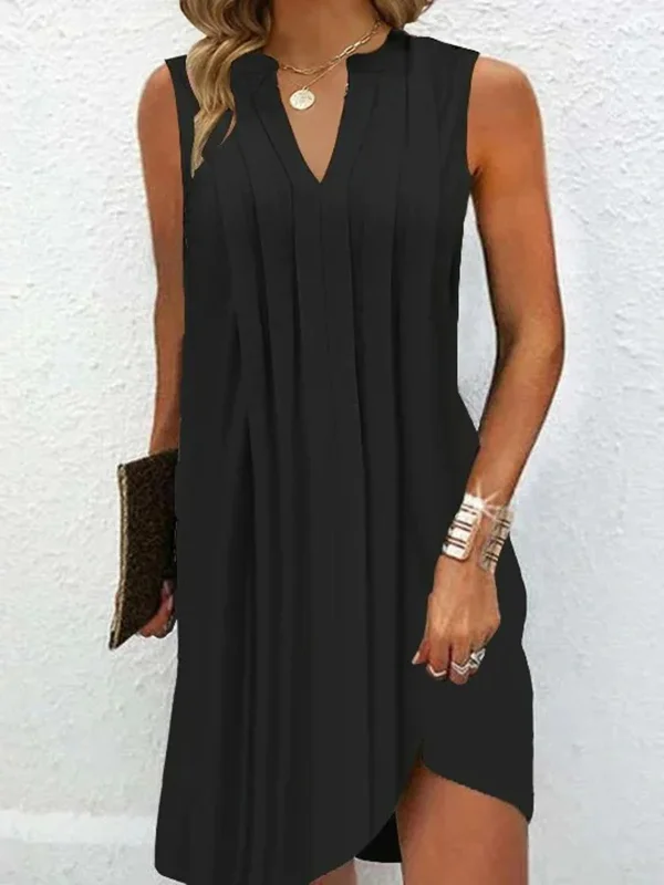 Roomy Sleeveless Pleated Pure Color V-Neck Mini Dresses