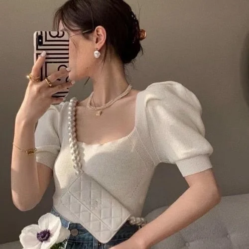 Square Collar Puff Sleeve Hollow Out Lace Up Top BE026