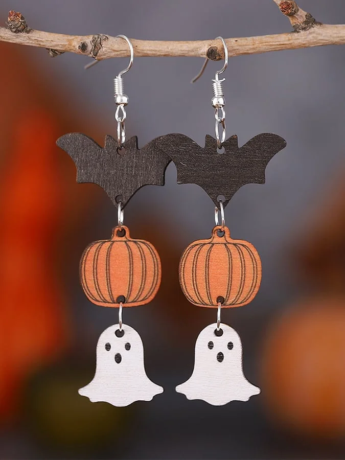 Women's Halloween Spooky Pumpkin Bat Wooden Earrings