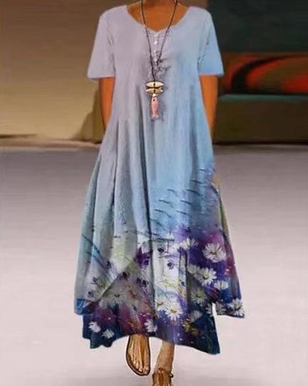 Plus Size Print Short Sleeve A-Line Asymmetrical Maxi Dress - Chicaggo