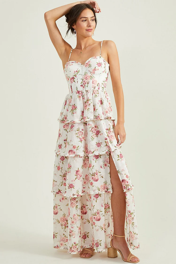 Sweetheart Neck Floral Layered Slit Hem Maxi Slip Dresses-White [Pre Order]