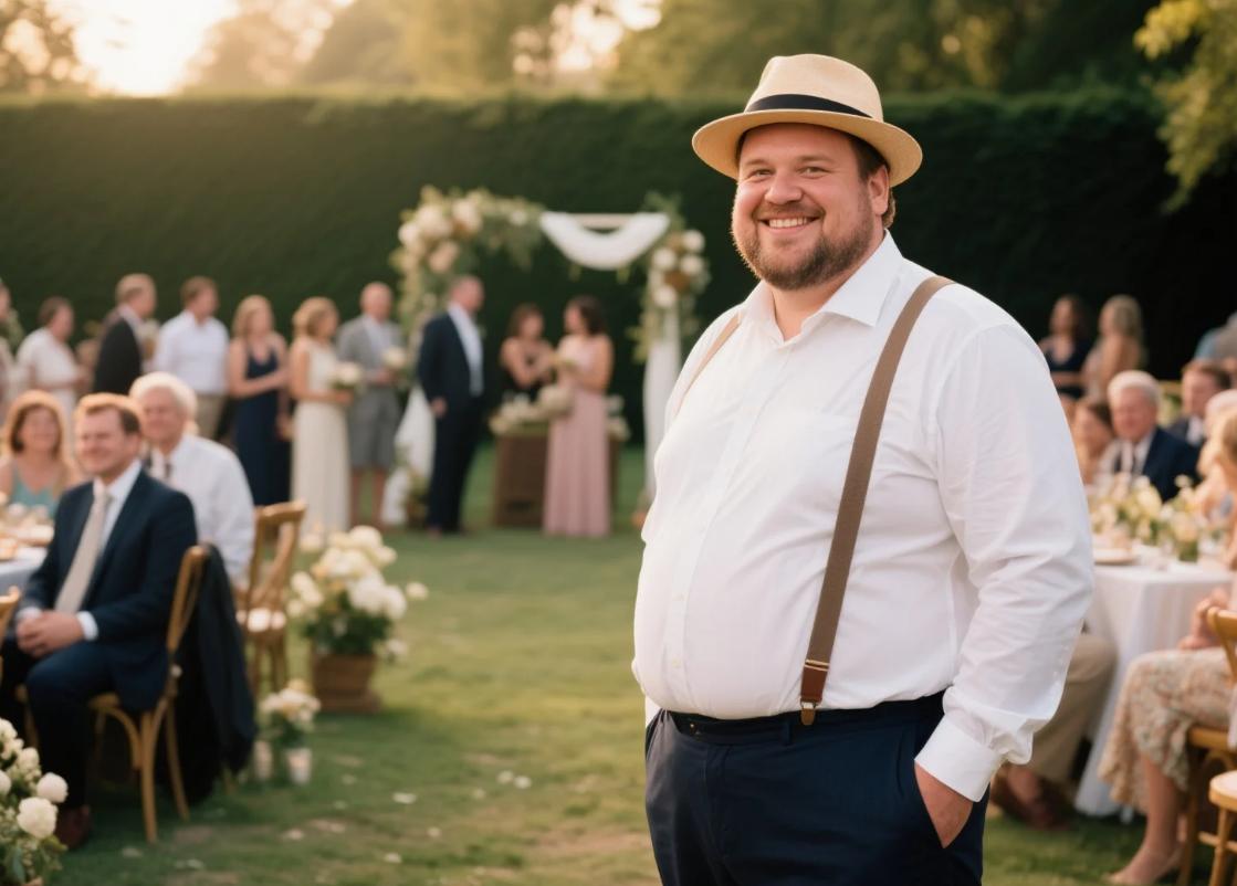 A man attending a wedding in big and tall Fedora hat