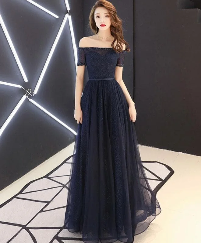 Dark Blue Tulle Long Prom Dress, Blue Tulle Evening Dress