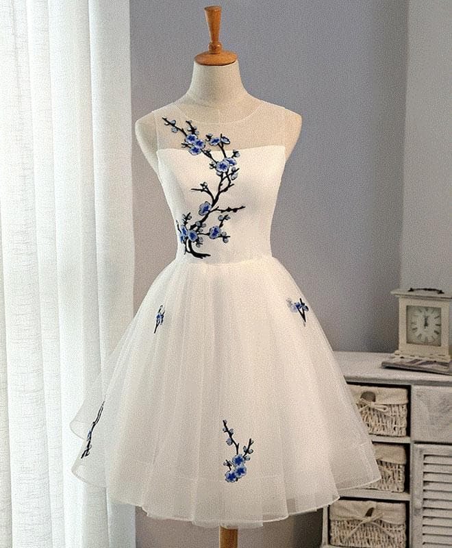 White A-Line Tulle Short Prom Dress, White Evening Dress SP14786