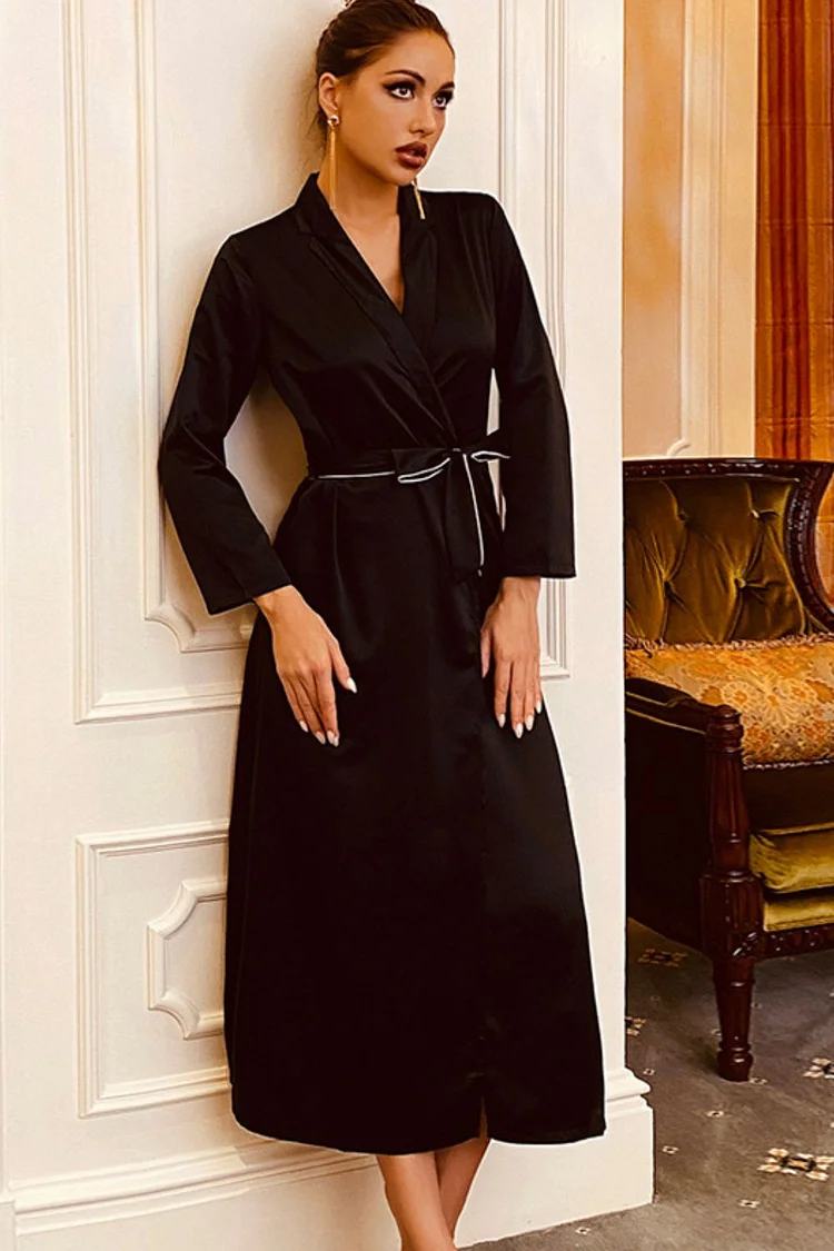 Satin Contrast Trim Long Sleeve Belted Robe