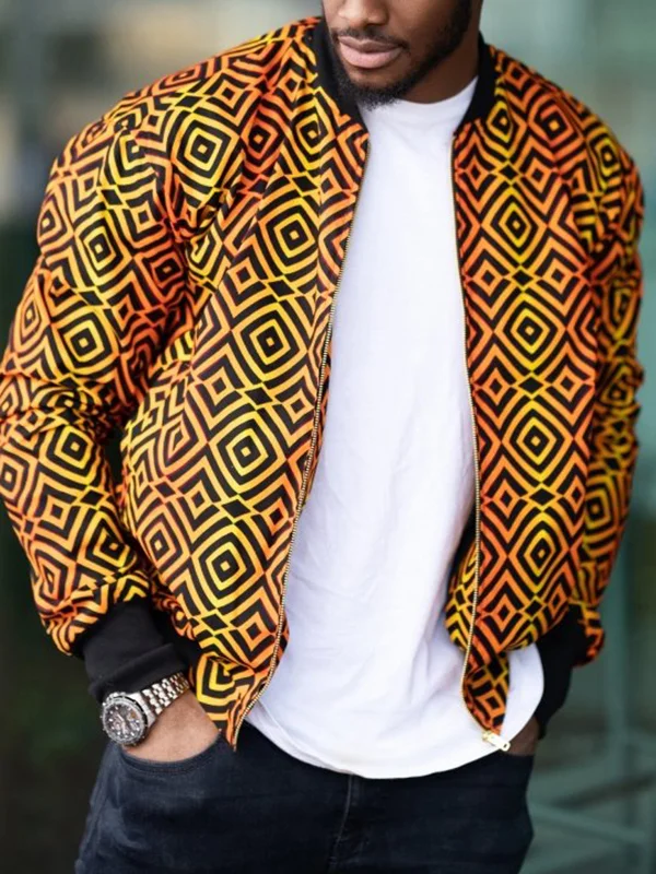 Men's Retro Geometric Pattern Printed Contrast Trim Zip Up Jacket