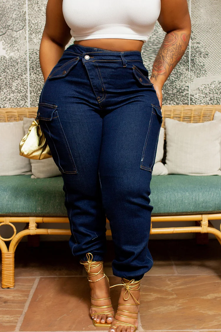 Xpluswear Plus Size Blue Daily Denim Asymmetric Waist With Pocket Cargo Jeans 