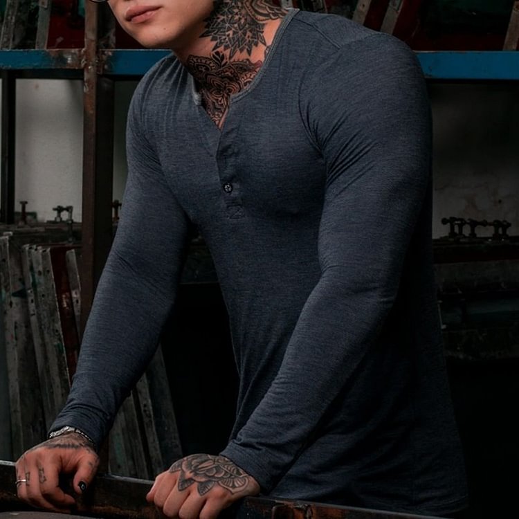 Men's Solid Color V-Neck Casual Slim Fit Long Sleeve T-shrit Top