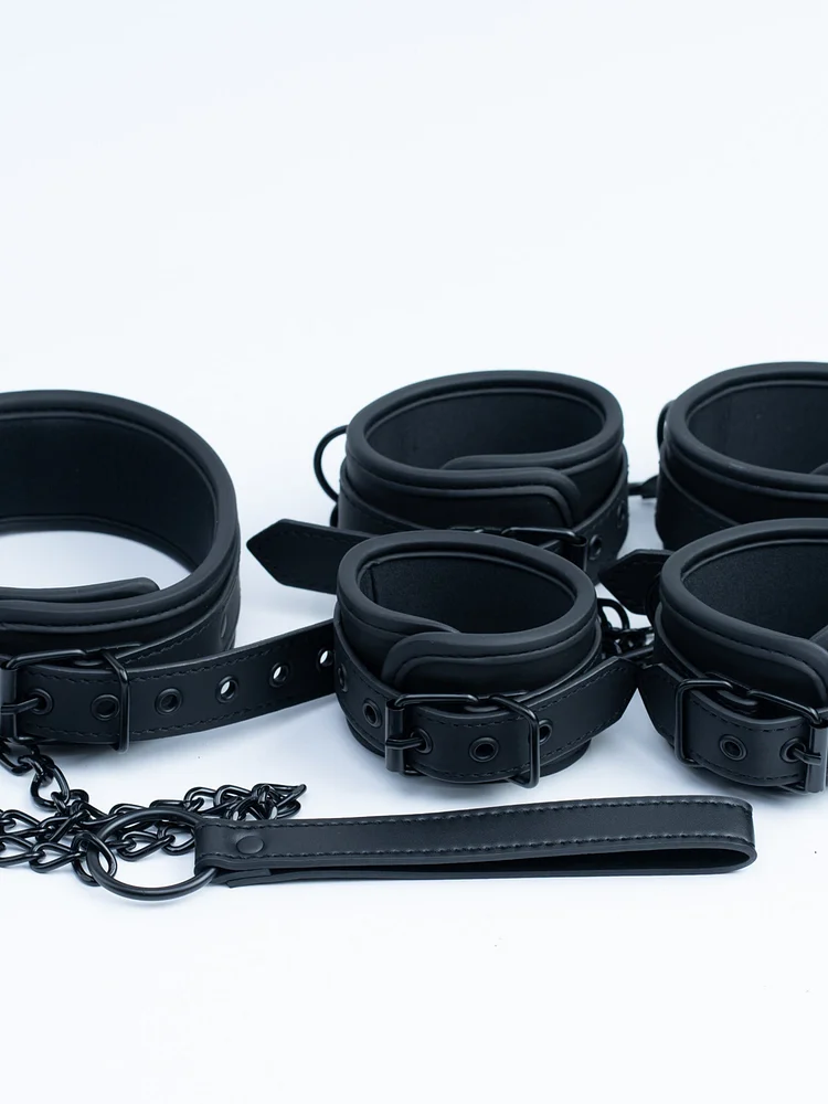 pornhint Pornhint FULL Black bondage kit, premium Leather Restraints set, luxury black gear set, handcuffs, ankle cuffs, collar and leash bdsm pillory