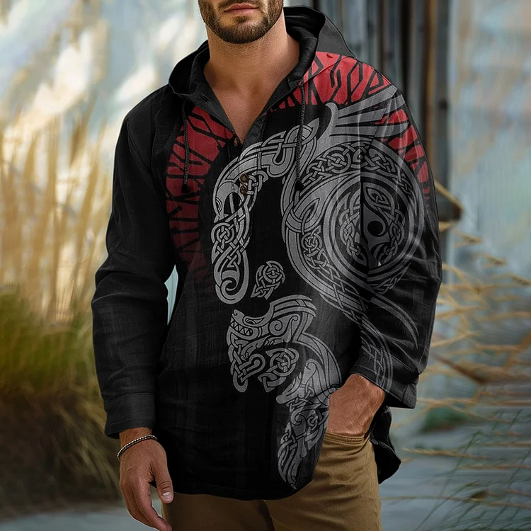 Men's Vintage Viking Rune Print Cotton And Linen Shirt