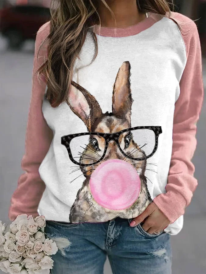 Women's Bunny With Glasses And Bubble Print Sweatshirt