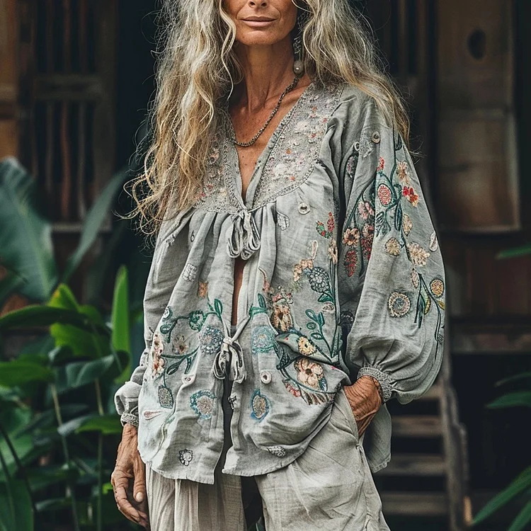 Women's Linen Bohemian V-neck Simple Casual Long-sleeved Shirt