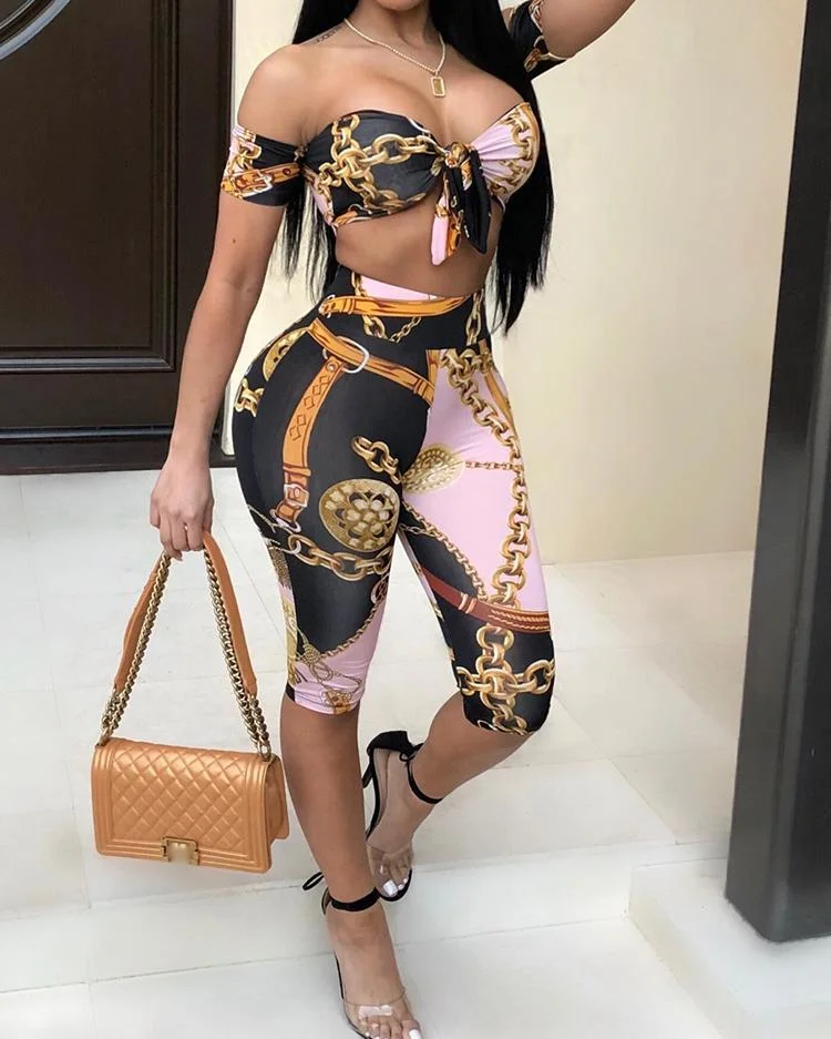 Chains Print Tie Tube Cropped Top&Shorts Set P10697