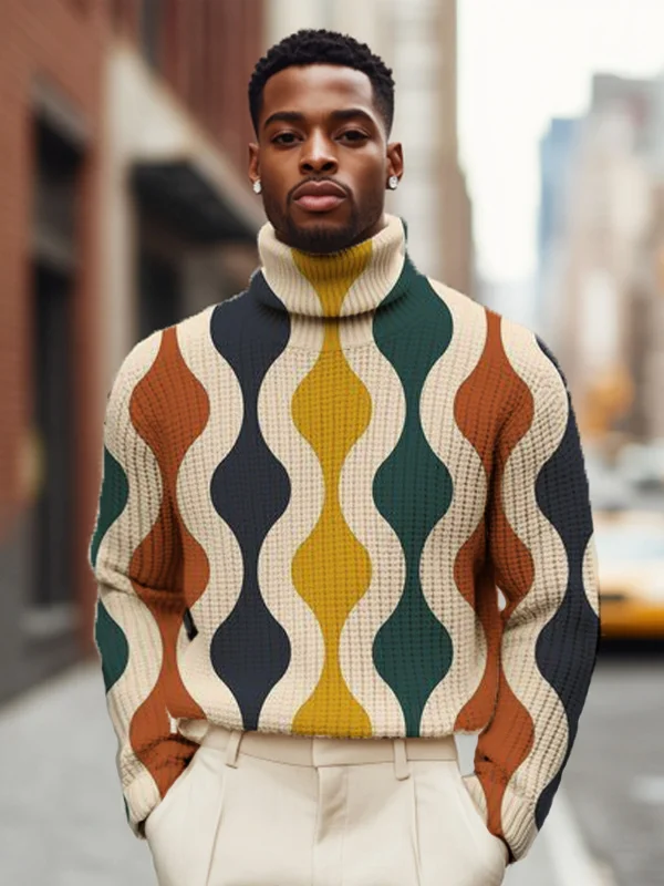 Men's Color Block Abstract Art Geometric Print High Neck Knit Sweatshirt