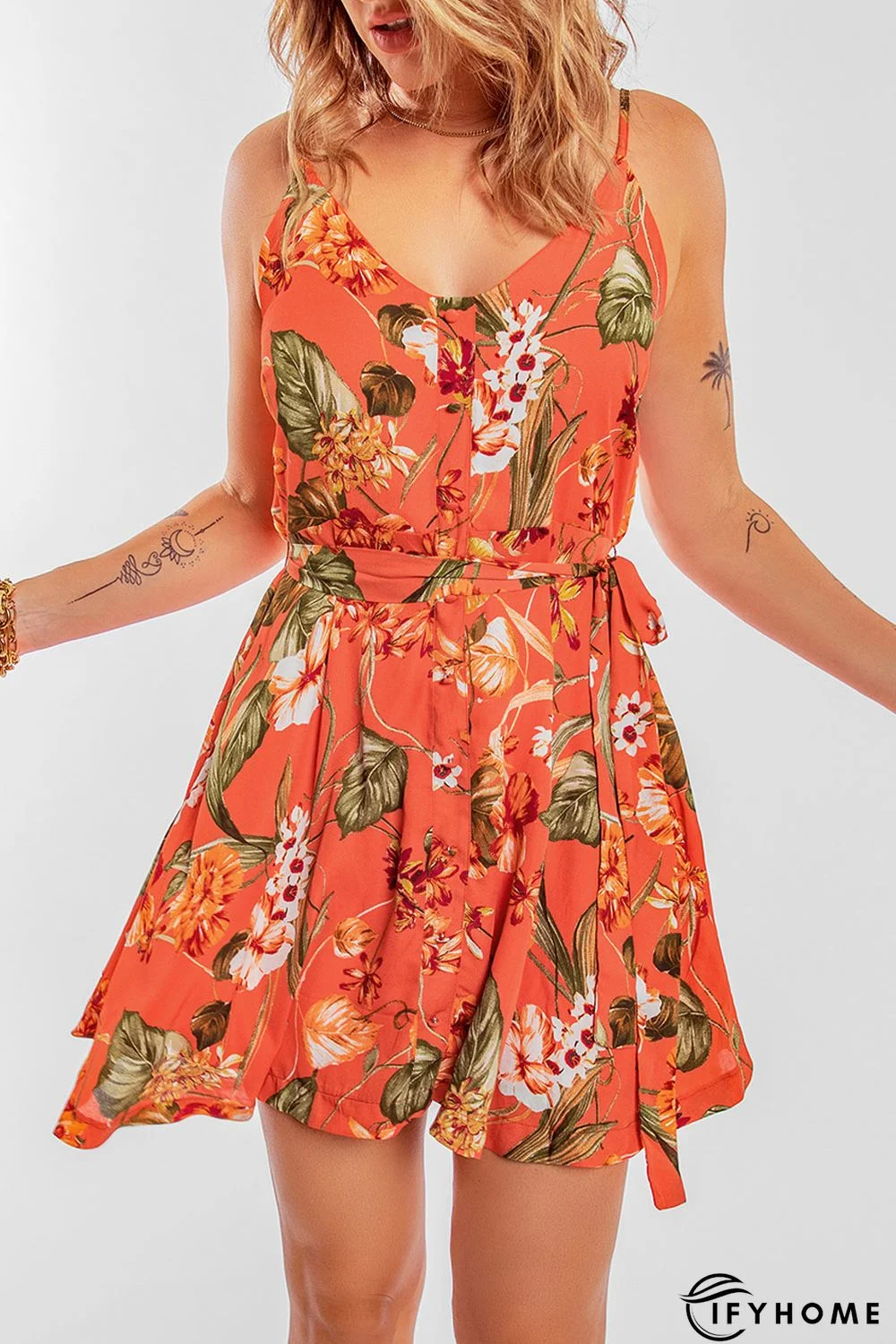Orange Sleeveless A-line Floral Dress | IFYHOME