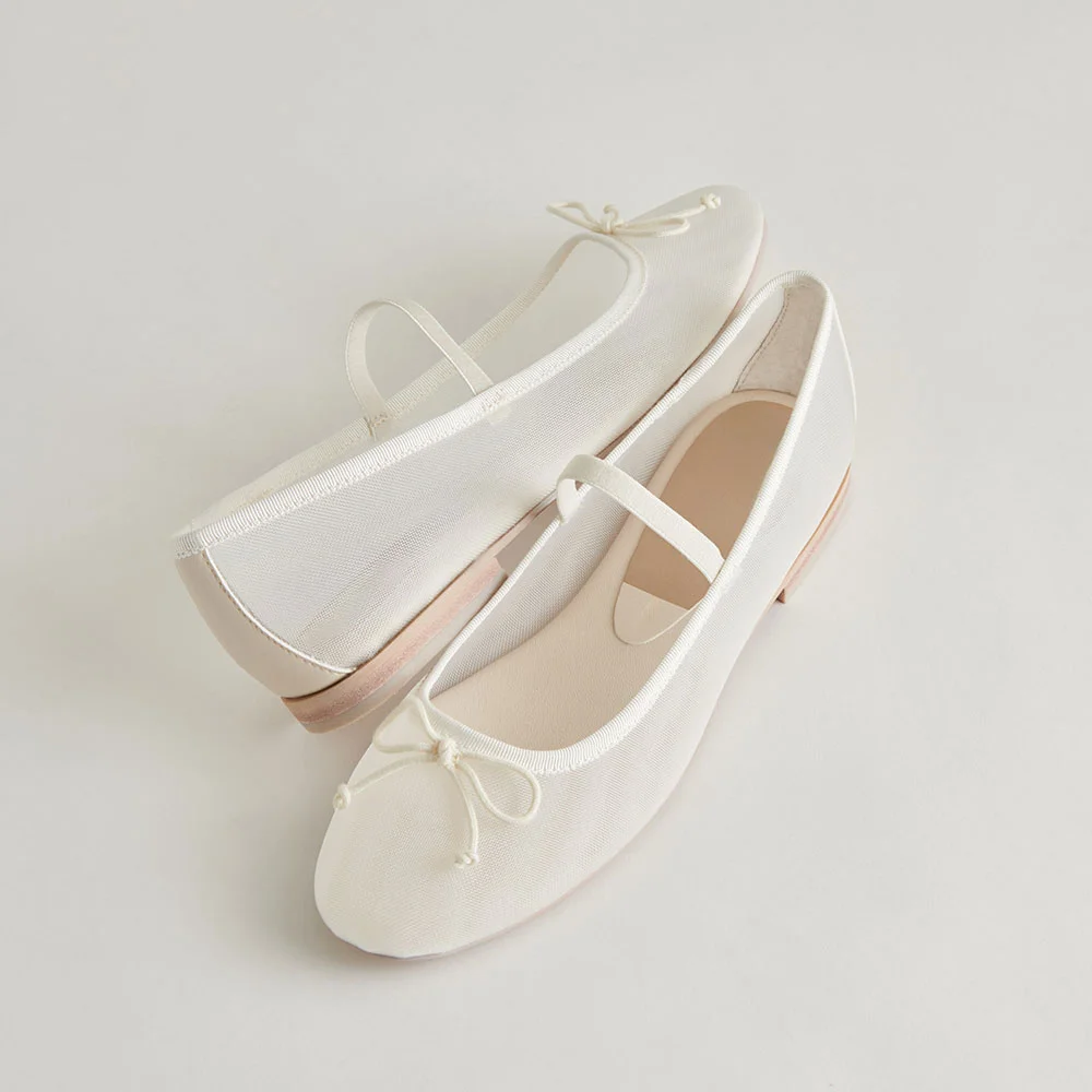Ivory Mesh Sophisticated Round Toe Bow Inlay Strappy Ballerinas Flats Nicepairs
