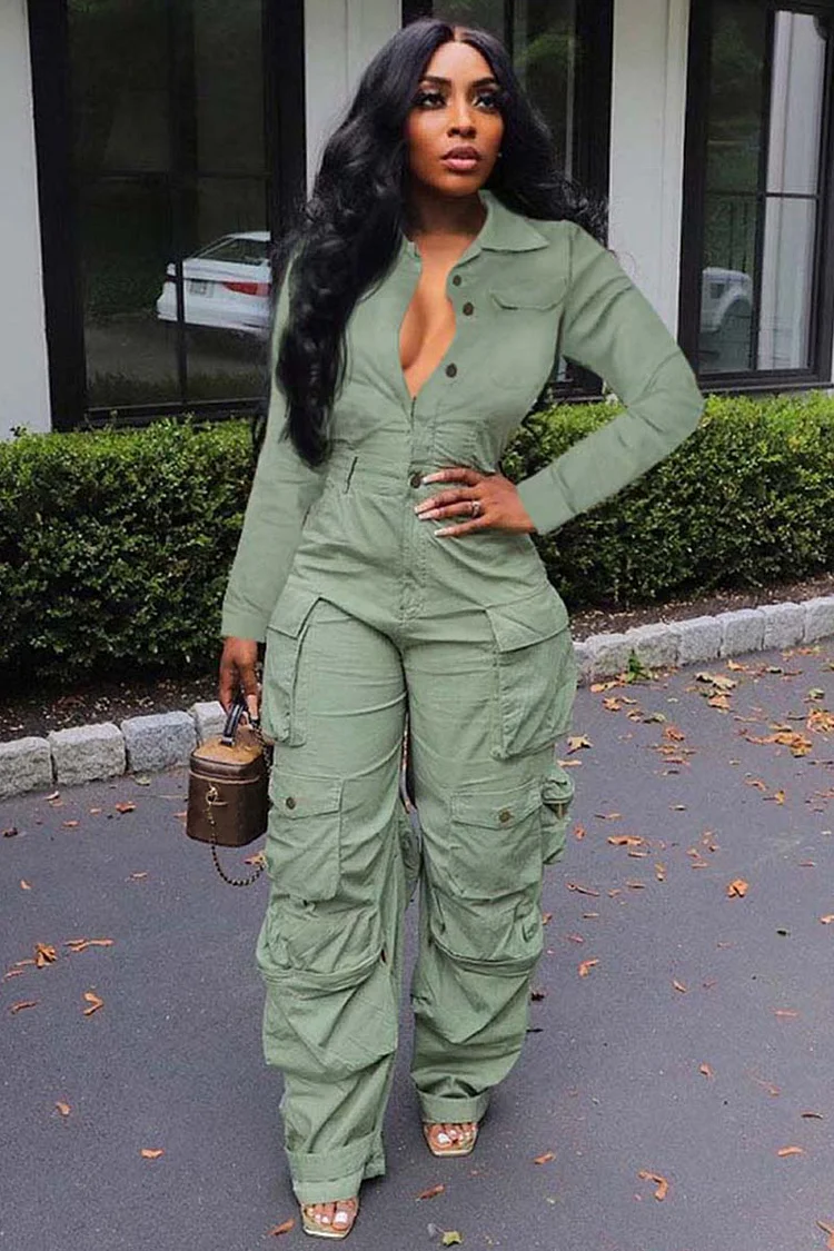 Button Up Long Sleeve High Waist Pockets Cargo Jumpsuit-Green